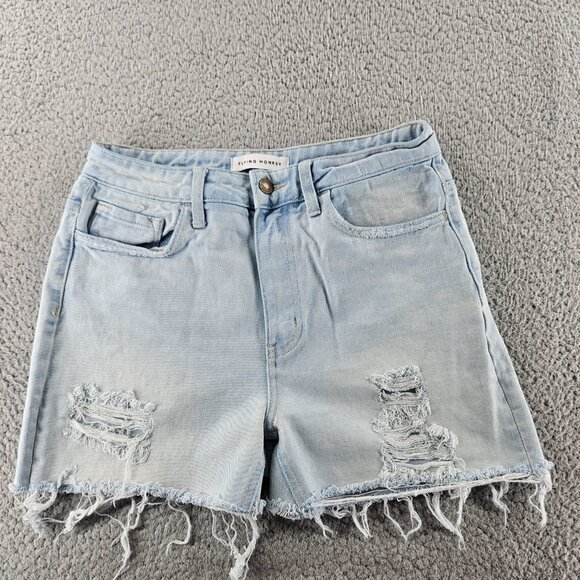 Flying Monkey Shorts Women 26 Light Wash Blue Distressed Frayed Cutoff High Rise - Picture 1 of 16